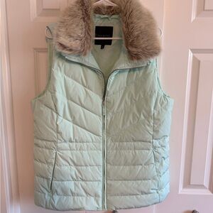 Talbots Mint Green Puffer Vest with Faux Fur Collar